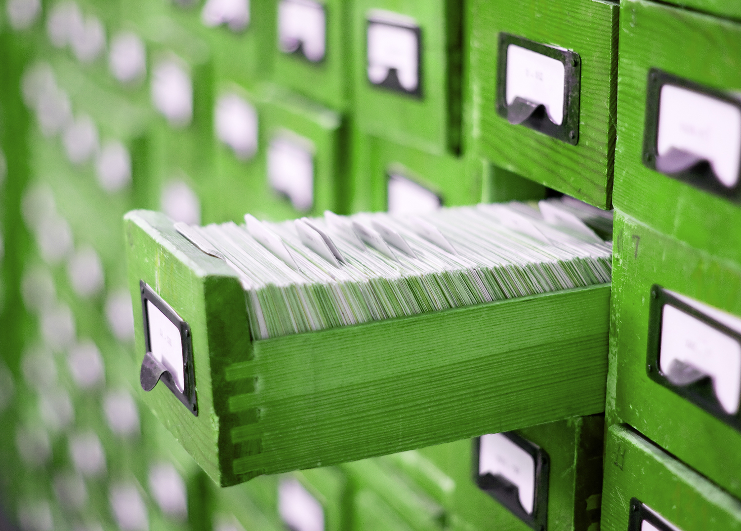 Green drawer of research cards