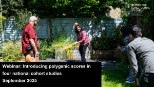 Family playing cricket in the garden with a black banner displaying webinar text